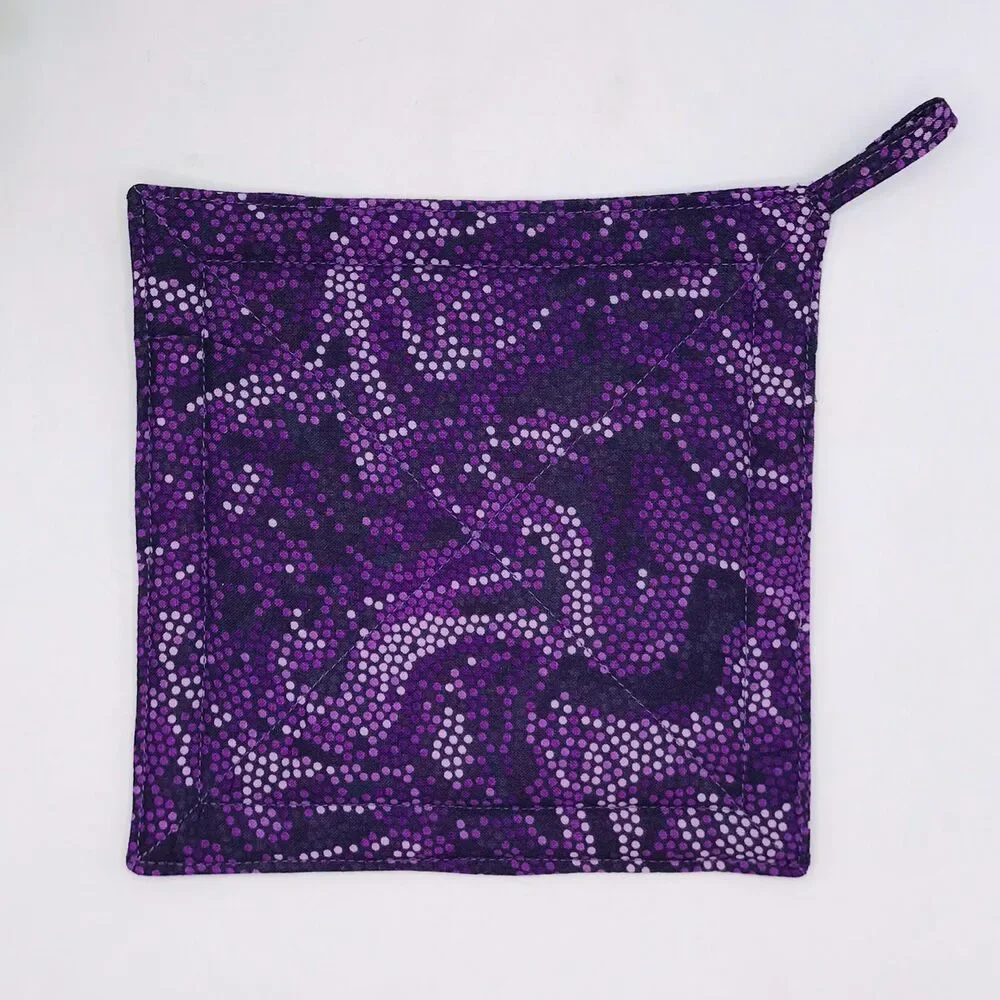 2 Square Potholders, Purple Swirled Dots, Cottage Core Kitchen 7x7 Inches